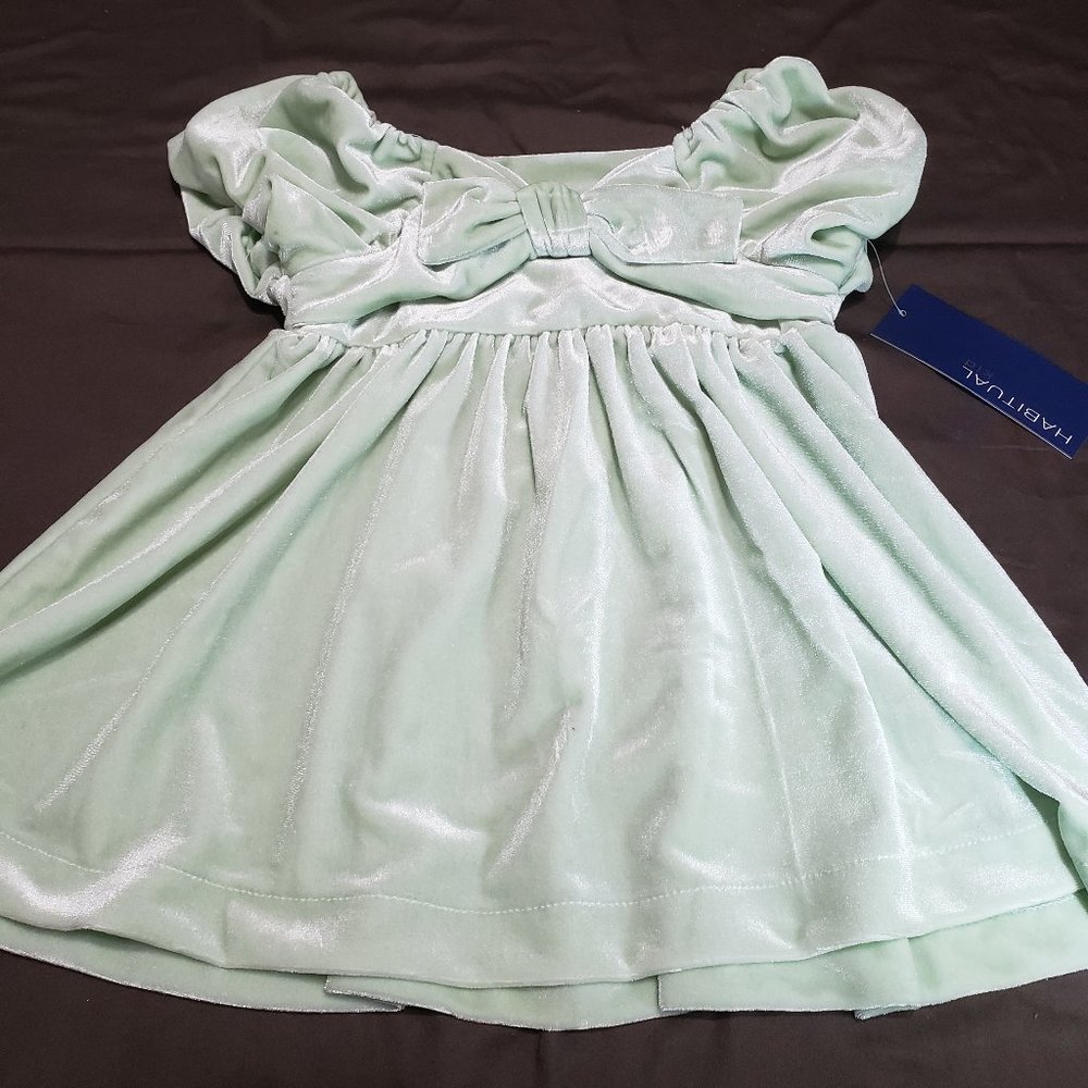 Habitual Winter Dress Mint Green Velvet With Bow Ruched Sleeve 24 Month Size